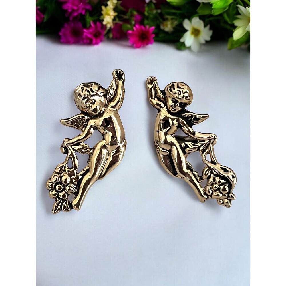 Vintage 1980s Cherub Earrings Art Nouveau Revival Gold Tone Clip Ons - 5F